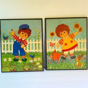 2 VTG Raggedy Ann Andy Wood Plaques Lyn Garden Child's Room Baby Nursery 70s